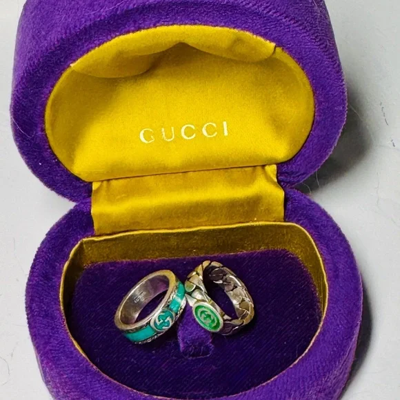 GUCCI Enamel Trio: Blue Interlocking G Necklace & (2) Turquoise Rings - Picture 7 of 16